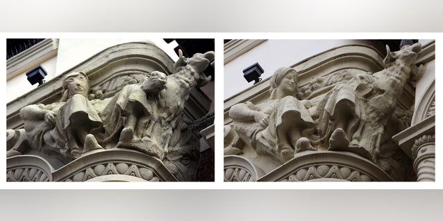 The sculpture, which was restored on the left, has drawn laughs and criticisms over its poor representation of the original, on the right.
