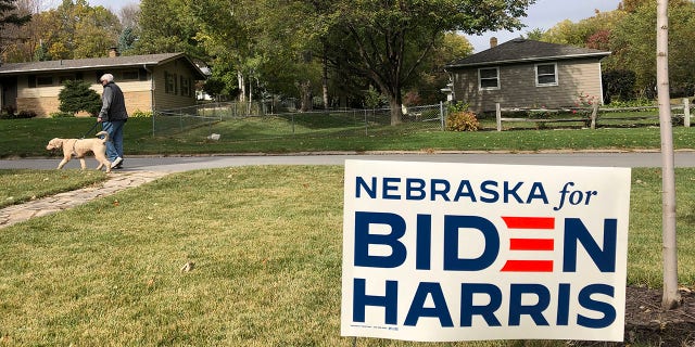A Joe Biden presidential campaign sign greets passersby in a leafy neighborhood of Omaha, Neb., Monday, Oct. 19, 2020. (Associated Press)