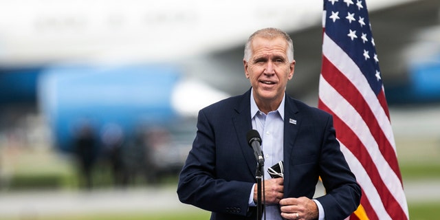 Senator Tom Tillis speaks at a campaign event with Vice President Mike Pence at Piedmont Triad International Airport in Greensboro, NC, Tuesday, October 27, 2020. 