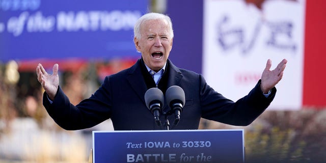 Then-Democratic presidential nominee and former Vice President Joe Biden speaks at a rally at the Iowa State Fairgrounds in Des Moines, Iowa, Friday, Oct. 30, 2020.
