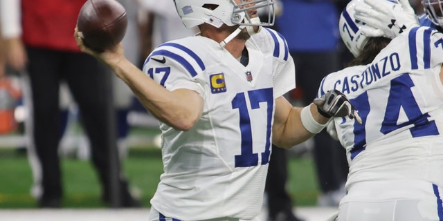 Indianapolis Colts quarterback Philip Rivers (17) throws during the first half of an NFL football game against the Detroit Lions, Sunday, Nov. 1, 2020, in Detroit. (AP Photo/Tony Ding)