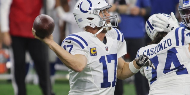 Indianapolis Colts quarterback Philip Rivers (17) throws during the first half of an NFL football game against the Detroit Lions, Sunday, Nov. 1, 2020, in Detroit. (AP Photo/Tony Ding)