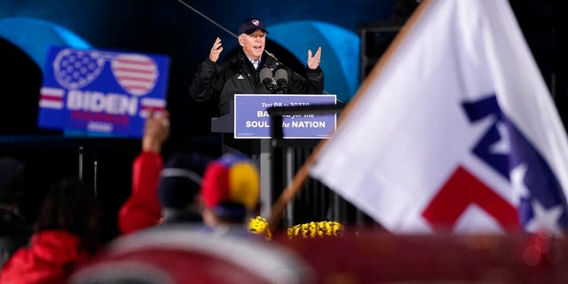 Democratic presidential candidate former Vice President Joe Biden speaks at a drive-in rally at Franklin Delano Roosevelt Park, Sunday, Nov. 1, 2020, in Philadelphia. (AP Photo/Andrew Harnik)