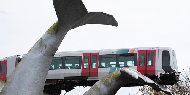 The whale's tail of a sculpture caught the front carriage of a metro train as it rammed through the end of an elevated section of rails with the driver escaping injuries in Spijkenisse, near Rotterdam, Netherlands, Monday, Nov. 2, 2020. (AP Photo/Peter Dejong)