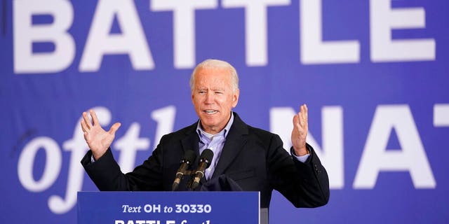 Democratic presidential candidate former Vice President Joe Biden speaks at a rally at Cleveland Burke Lakefront Airport, Monday, Nov. 2, 2020, in Cleveland. (AP Photo/Andrew Harnik)