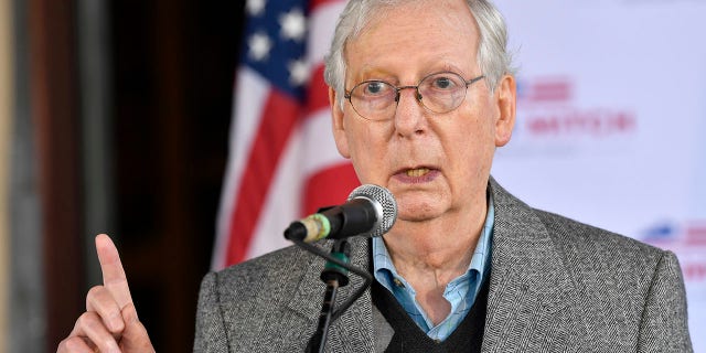 Il leader della maggioranza al Senato Mitch McConnell, R-Ky., speaks to supporters in Lawrenceburg, Ky. (AP Photo/Timothy D. Easley, File)