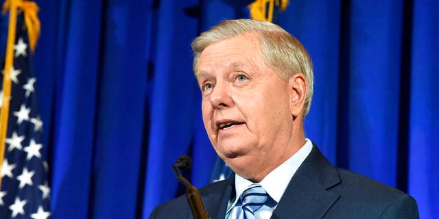 Sen. Lindsey Graham, R-S.C., gives his victory speech after winning re-election Tuesday, Nov. 3, 2020, in Columbia, S.C. (AP Photo/Meg Kinnard)