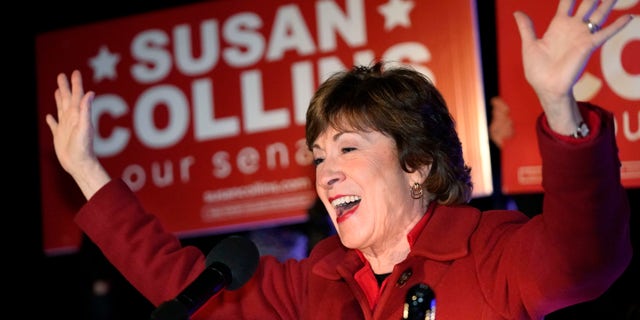 Sen. Susan Collins, R-Maine, addresses supporters just after midnight on Wednesday, Nov. 4, 2020, in Bangor, Maine. (Associated Press)