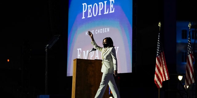 Vice President-elect Kamala Harris arrives to speaks Saturday, Nov. 7, 2020, in Wilmington, Del. (AP Photo/Carolyn Kaster)