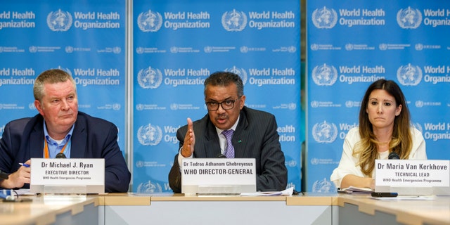 Tedros Adhanom Ghebreyesus, director general of the World Health Organization, centro, pictured in early March during a news conference on COVID-19, at the WHO headquarters in Geneva, Svizzera. (Salvatore Di Nolfi/Keystone FILE via AP)