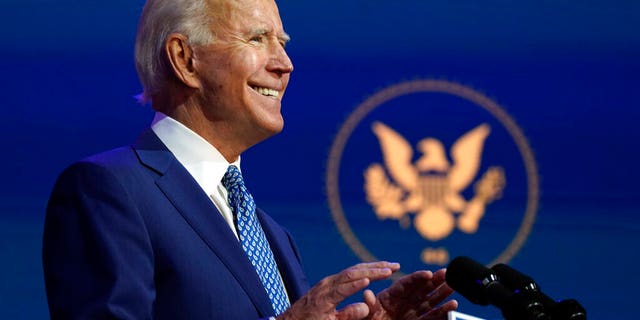 President-elect Joe Biden speaks Monday, Nov. 9, 2020, at The Queen theater in Wilmington, Del. (AP Photo/Carolyn Kaster)