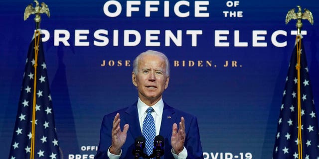 President-elect Joe Biden speaks at The Queen theater, Monday, Nov. 9, 2020, in Wilmington, Del. (AP Photo/Carolyn Kaster)