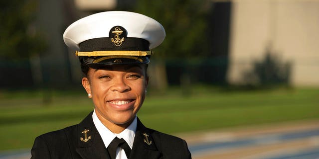 This undated photo provided by the U.S. Navy shows Midshipman 1st Class Sydney Barber, from Lake Forest, Ill. Barber is slated to be the Naval Academy's first African American female brigade commander, the U.S. Naval Academy announced Monday, Nov. 9, 2020. (Petty Officer 2nd Class Nathan Burke/U.S. Navy via AP)