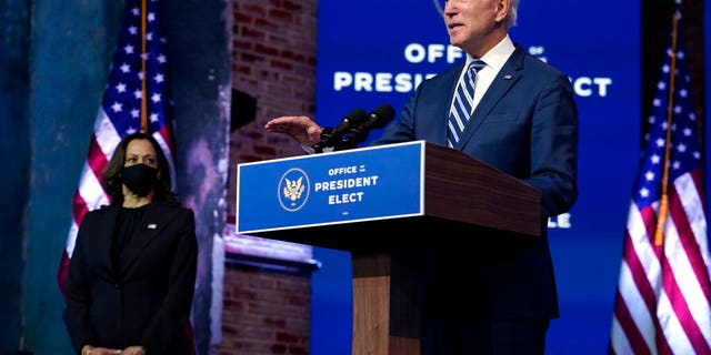 President-elect Joe Biden speaks Tuesday, Nov. 10, 2020, at The Queen theater in Wilmington, Del.