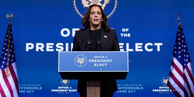 Vice President-elect Kamala Harris speaks at The Queen Theater, 星期二, 十一月. 10, 2020, 在威尔明顿, 的. (美联社照片/卡罗琳·卡斯特)