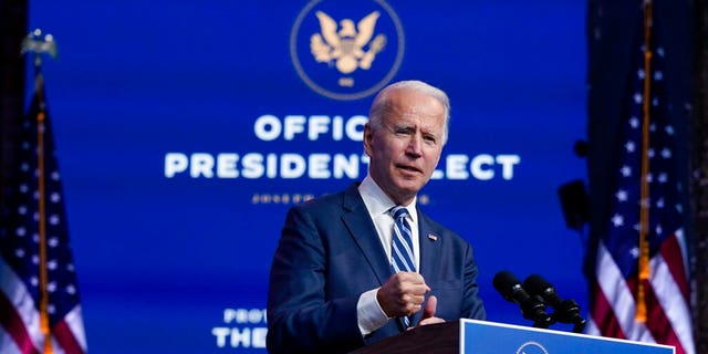President-elect Joe Biden speaks at the Queen Theater, Tuesday, November 10, 2020, in Wilmington, Del.