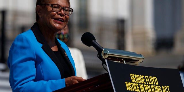 U.S. Rep. Karen Bass, D-Calif., seen outside the U.S. Capitol on June 25, 2020, is among the sponsors of a police reform bill in Congress. (Associated Press)