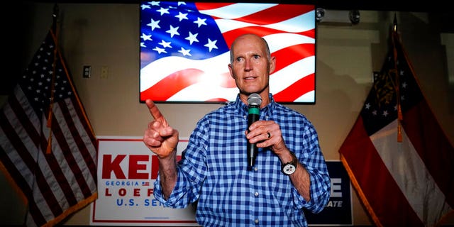 Senator Rick Scott, R-Fla., Speaks during a campaign rally for Republican candidates for U.S. Senators Kelly Loeffler and David Perdue on Friday, November 13, 2020 in Cumming, Ga. (AP Photo / Brynn Anderson)