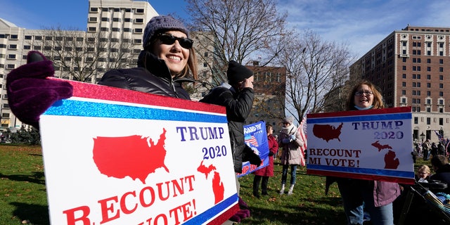 Supporters of President Trump gather at the Capitol in Lansing, Michigan on Saturday, November 14, 2020 (AP Photo / Paul Sancya)