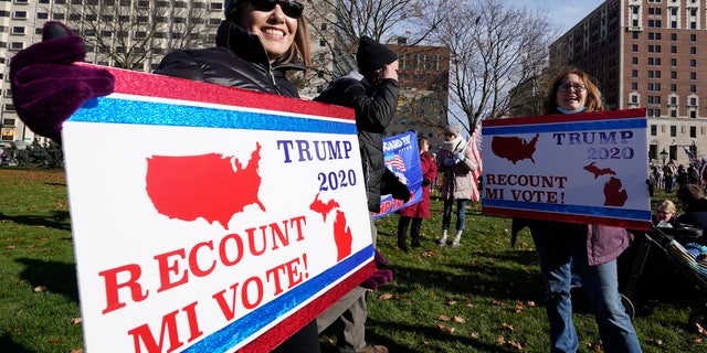 President Trump supporters rally at the Capitol building in Lansing, Mich., Saturday, Nov. 14, 2020. (AP Photo/Paul Sancya)