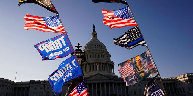 With the U.S. Capitol in the background, flags fly as supporters of President Trump attend pro-Trump marches, Saturday Nov. 14, 2020, in Washington. (AP Photo/Jacquelyn Martin)