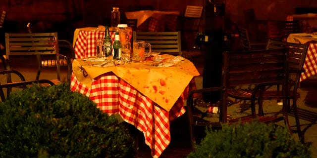 Soup is splattered on a table and chairs after a firework in a soup can was thrown into an area where supporters of President Donald Trump were eating and attending pro-Trump marches, Nov. 14, in Washington. (AP Photo/Jacquelyn Martin)