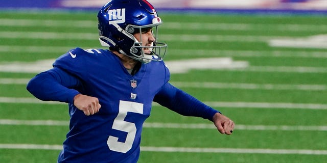 New York Giants kicker Graham Gano (5) reacts after making a field goal during the second half of an NFL football game against the Philadelphia Eagles, 日曜日, 11月. 15, 2020, イーストラザフォードで, N.J.