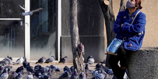 FILE - In this Nov. 12, 2020, a woman wears a mask and looks up as she waits for a bus at a bus stop in Chicago. (AP Photo/Nam Y. Huh, File)