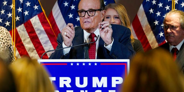 Former Mayor of New York Rudy Giuliani, a lawyer for President Donald Trump, speaks during a news conference at the Republican National Committee headquarters, Thursday Nov. 19, 2020, in Washington. (AP Photo/Jacquelyn Martin)