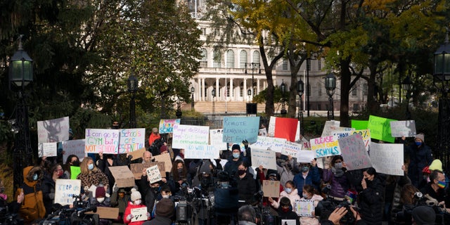 Parents and children gather in front of New York's City Hall to protest the closing of public schools, Thursday, Nov. 19, 2020.<br />
(AP photo / Mark Lennihan) “/></source></source></picture></div>
<div class=