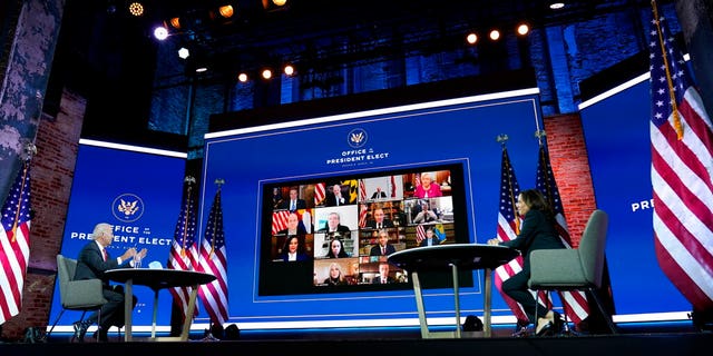 President-elect Joe Biden and Vice President-elect Kamala Harris participate in a meeting with the National Governors Association's executive committee at The Queen theater, Nov. 19, a Wilmington, Del. (AP Photo / Andrew Harnik)