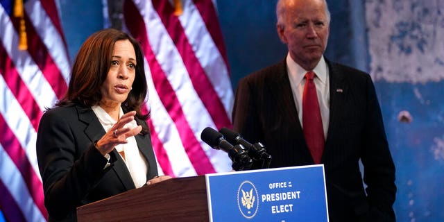 Vice President-elect Kamala Harris is nearly 20 years younger than President-elect Joe Biden. They are seen here at The Queen theater, Thursday, Nov. 19, 2020, in Wilmington, Del. (Associated Press)