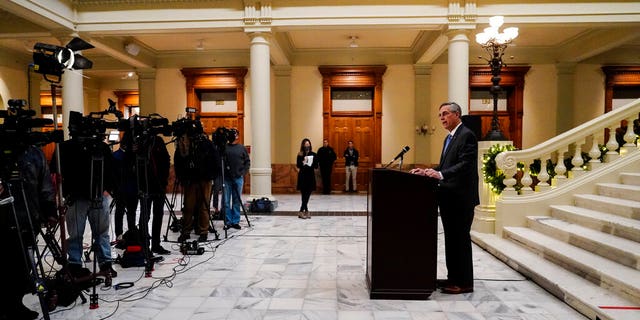 Georgia Secretary of State Brad Raffensperger speaks during a news conference on Nov. 20, 2020, in Atlanta. (AP Photo/Brynn Anderson)