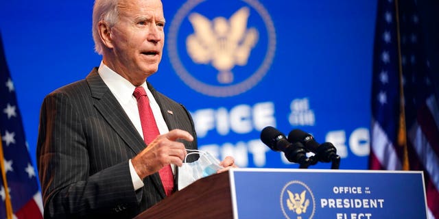 FILE: President-elect Joe Biden speaks at The Queen theater in Wilmington, Del.