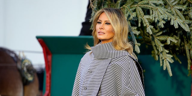 First Lady Melania Trump stands next to the official White House 2020 Christmas tree as displayed on the North Portico of the White House on Monday, November 23, 2020, in Washington.  (AP Photo / Andrew Harnik)