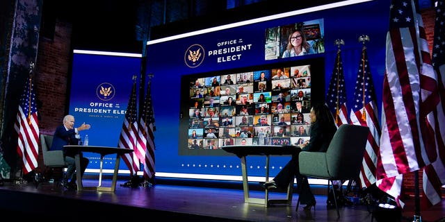 President-elect Joe Biden and Vice-President-elect Kamala Harris attend a meeting at the Queen Theater on Monday, November 23, 2020 in Wilmington, Del.  (AP Photo / Carolyn Kaster)