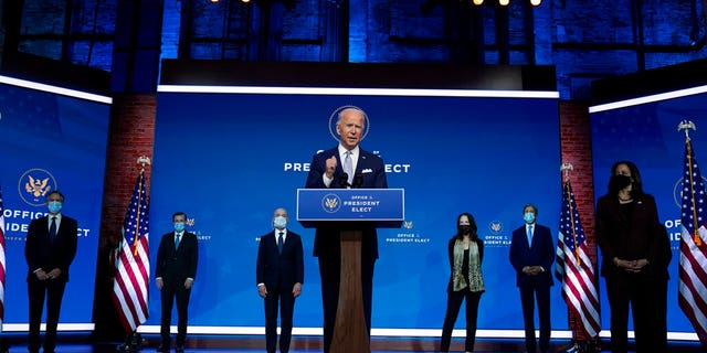 President-elect Joe Biden and Vice President-elect Kamala Harris introduce their nominees and appointees to key national security and foreign policy posts at The Queen theater, Tuesday, Nov. 24, 2020, in Wilmington, Del. (AP Photo/Carolyn Kaster)