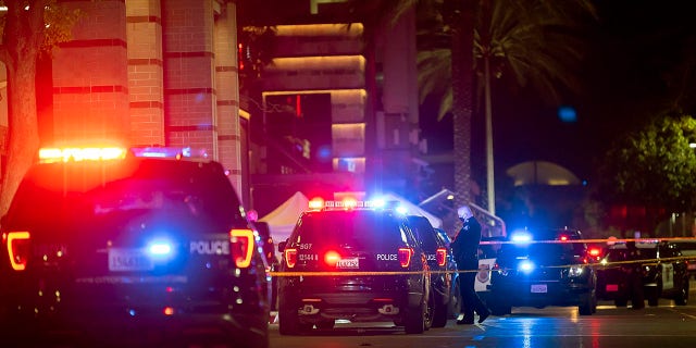 Police stand outside Arden Fair Mall after a shooting that left one person dead and another critically injured, Friday, Nov. 27, 2020, in Sacramento, Calif. The mall was evacuated in the midst of Black Friday, one of the busiest shopping days. Police later said the suspect had fled and there was no active threat to the mall. (Paul Kitagaki Jr./The Sacramento Bee via AP)