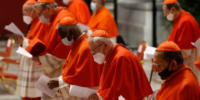 Cardinals wear protective masks as they attend a consistory ceremony where 13 bishops were elevated to a cardinal's rank in St. Peter’s Basilica at the Vatican, Saturday, Nov. 28, 2020. (Fabio Frustaci/POOL via AP)