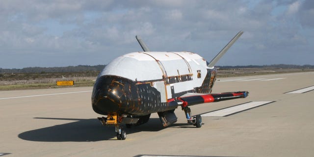 In a testing procedure, the X-37B Orbital Test Vehicle taxis on the flightline in June 2009 at Vandenberg AFB, Calif.