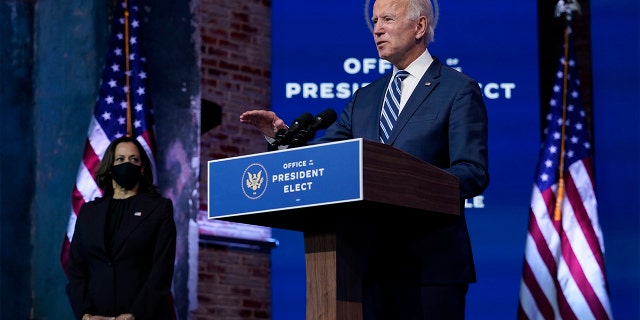 President-elect Joe Biden, joined by Vice President-elect Kamala Harris, speaks at The Queen Theater, Tuesday, Nov. 10, 2020, in Wilmington, Del. (AP Photo/Carolyn Kaster)