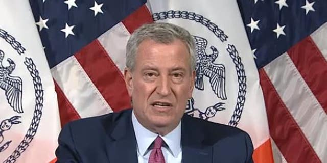 New York Mayor Bill De Blasio gives his daily press briefing in Manhattan on November 9, 2020. 