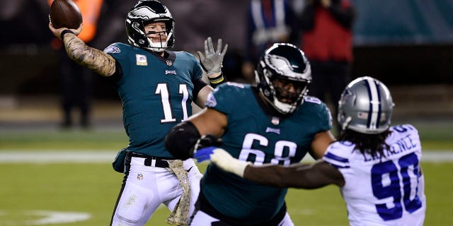 Philadelphia Eagles' Carson Wentz passes during the second half of an NFL football game against the Dallas Cowboys, Sunday, Nov. 1, 2020, in Philadelphia. (AP Photo/Derik Hamilton)