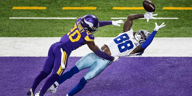 Dallas Cowboys wide receiver CeeDee Lamb (88) pulls down a second-quarter touchdown catch over Minnesota Vikings cornerback Jeff Gladney (20) during an NFL football game in Minneapolis, Sunday, Nov. 22, 2020. ( Jerry Holt/Star Tribune via AP)