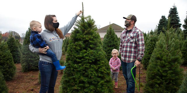 Josh and Jessica Ferrara shop for Christmas trees with son Jayce, 1 year and Jade, 3 years, at Sunnyview Christmas Tree farm in Salem, Ore. (AP Photo/Paula Bronstein)