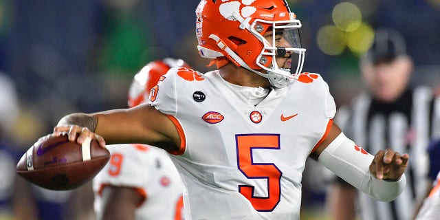 Clemson quarterback D.J. Uiagalelei looks for a receiver during the first quarter against Notre Dame in an NCAA college football game Saturday, Nov. 7, 2020, in South Bend, Ind. (Matt Cashore/Pool Photo via AP)
