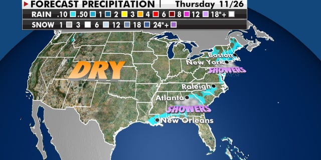 Forecast precipitation for Thanksgiving Day, 2020. (Fox News)
