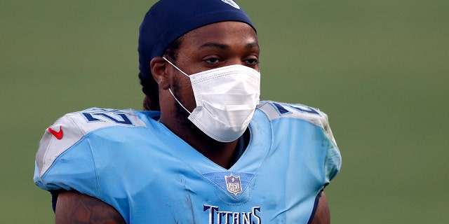 Tennessee Titans running back Derrick Henry (22) leaves the field after an NFL football game against the Chicago Bears Sunday, Nov. 8, 2020, a Nashville, Tenn. (AP Photo/Wade Payne)