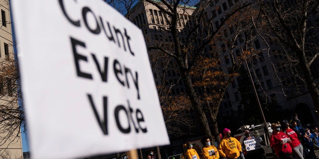 Protesters attend a rally calling for every vote to be counted from yesterday's general election near the Detroit Department of Elections building in Detroit, Nov. 4, 2020. (Associated Press)