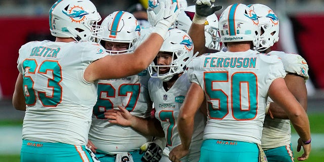 Miami Dolphins kicker Jason Sanders (7) celebrates his field goal with teammates during the second half of an NFL football game against the Arizona Cardinals, Sunday, Nov. 8, 2020, in Glendale, Ariz. (AP Photo/Ross D. Franklin)